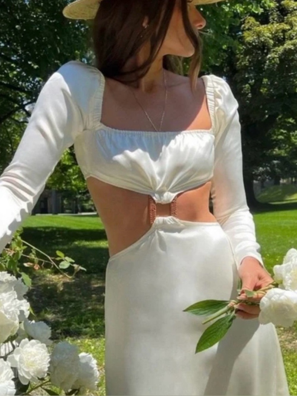NWT WeWoreWhat Satin Charmeuse Cut Out Midi Dress in Whisper White, Large
